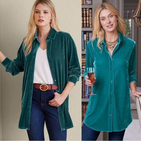 SOFT SURROUNDINGS Velvet Boyfriend Tunic Button Down Shirt Teal Blue Size S - Picture 7 of 7